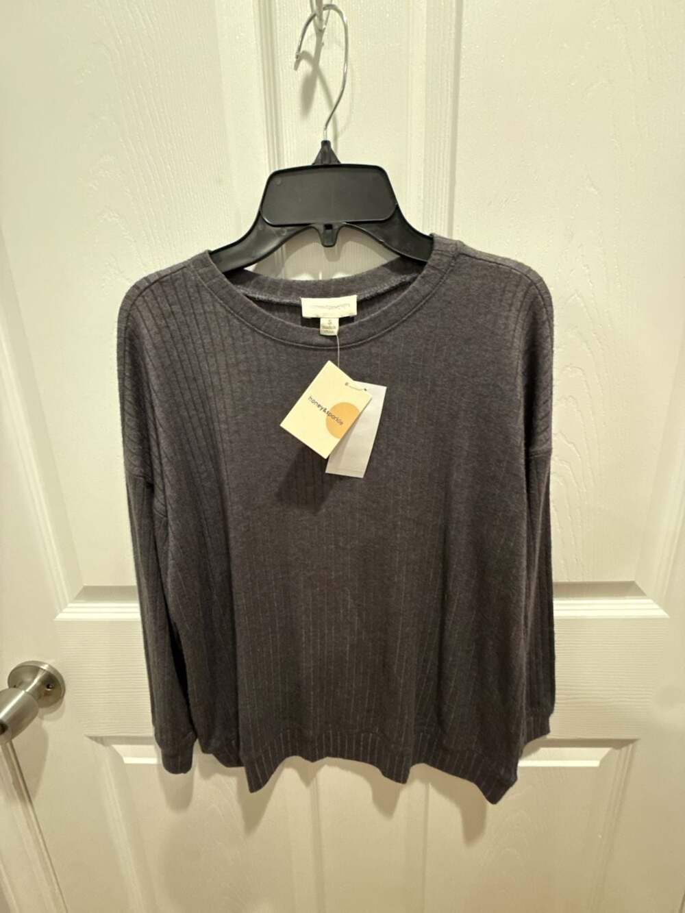 honey&sparkle Women's Charcoal Ribbed Long Sleeve Crewneck Sweater